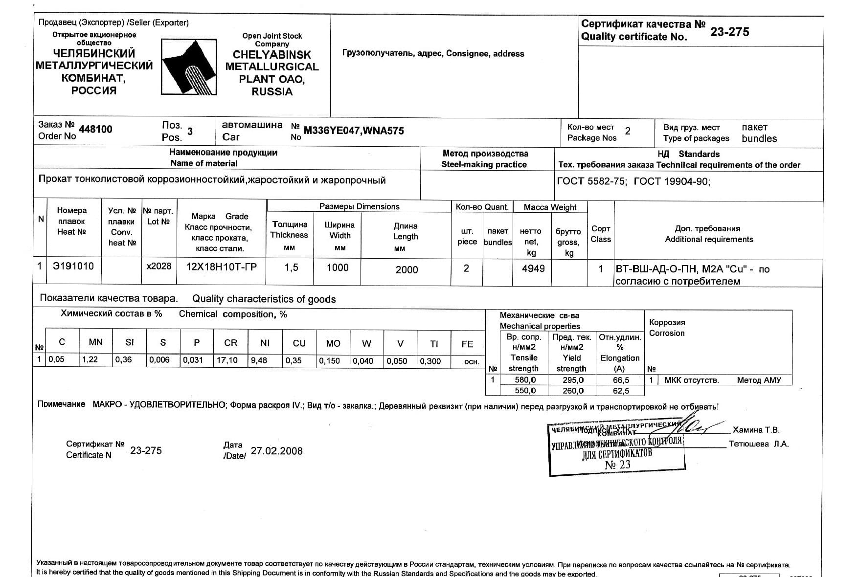 Сертификат на лист стальной нержавеющий 1,5х1000х2000 от 02-08